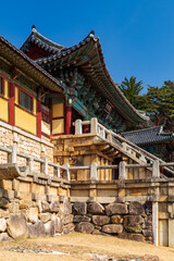 Side view of The Cheongungyo and Baegungyo Bridges in Bulguska Temple, Gyeongju city, South Korea. UNESCO World Heritage site.