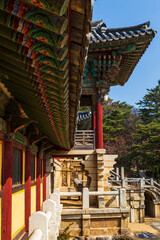 Side view of Bulguksa Temple with The Cheongungyo and Baegungyo Bridges in background, Gyeongju city, South Korea. UNESCO World Heritage site. Portrait view.