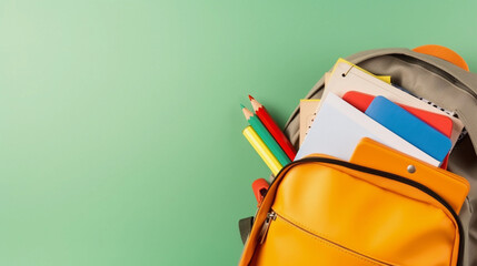 backpack on the table, with school supplies sticking out of it. school, study or teachers day concept. generative ai