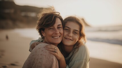 Mother with daughter on the beach, Generative AI