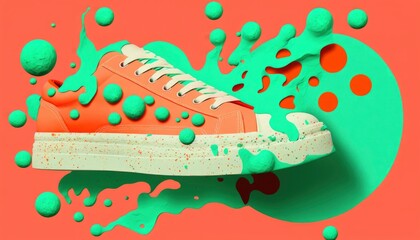 abstract illustration of a shoe sneakers design, vibrant strike colors with isolated background, single shoe lace, vintage vibe floaty creamy patterns flat fashion, generative ai