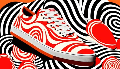 abstract illustration of a shoe sneakers design, vibrant strike colors with isolated background, single shoe lace, vintage vibe floaty creamy patterns flat fashion, generative ai