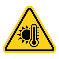 Hot Warning Sign or yellow and black triangle warning rising temperature sign isolated on white background.
