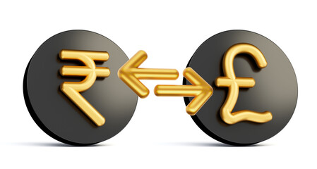 3d Golden Rupee And Pound Symbol On Rounded Black Icons With Money Exchange Arrows, 3d illustration