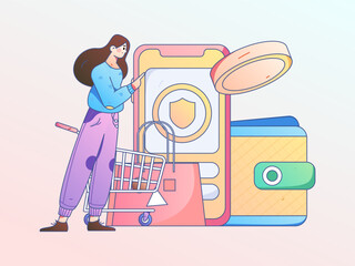 Online shopping payment safety characters flat vector concept operation hand drawn illustration
