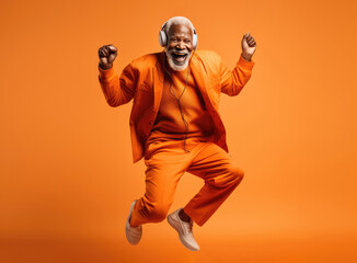 Full body of cheerful African American elderly man in headphones smiling and jumping while listening to music against orange background. Generative AI