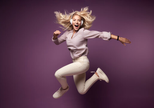 Full body side view of confident young woman model in trendy outfit jumping with flying hair looking at camera against violet background. Generative AI