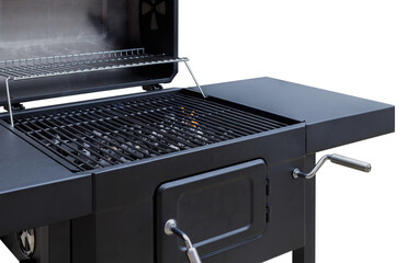 Grill, BBQ, fire, charcoal barbecue. Roaster grate for cooking.  Clean grate, barbecue roaster empty. Isolated - obrazy, fototapety, plakaty