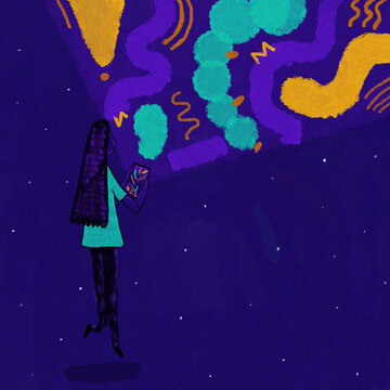 Bright illustration of woman using smartphone on purple background