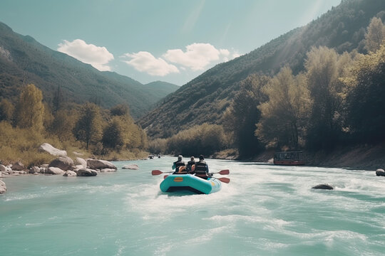 Generative AI illustration of distant people floating on inflatable boat in calm turquoise water surrounded by trees and hills against cloudy sky
