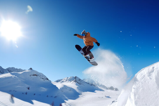 Generative AI illustration of distant active person jumping on snowboard above snowy mountain peaks against blue sky