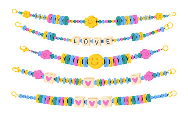 Handmade plastic bead bracelets. Friendship bracelets, kids handcraft cute accessories with with colored beads flat vector illustration set