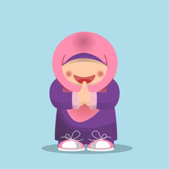 Muslim kids characters wish you a happy Eid Mubarak vector illustration