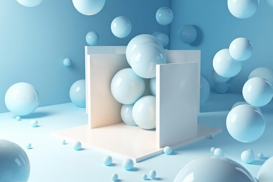 Generative AI illustration of white colored podium with many various blue balloons of different sizes arranged in creative studio