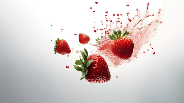 Frische fallende Erdbeeren mit Wasserspritzer auf wei&szlig;em Hintergrund (Generative AI)