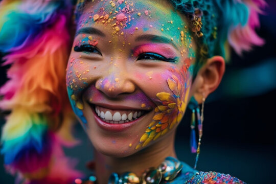 Generative AI illustration of cheerful young Asian female with multicolored paint on face and colorful furry hat with jewelry smiling happily and looking away against blurred background