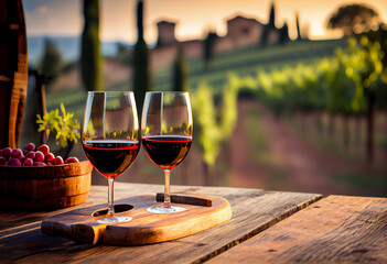 Glass of red wine on wooden board with Tuscany and italian vineyards in background. Generative AI - 591510611