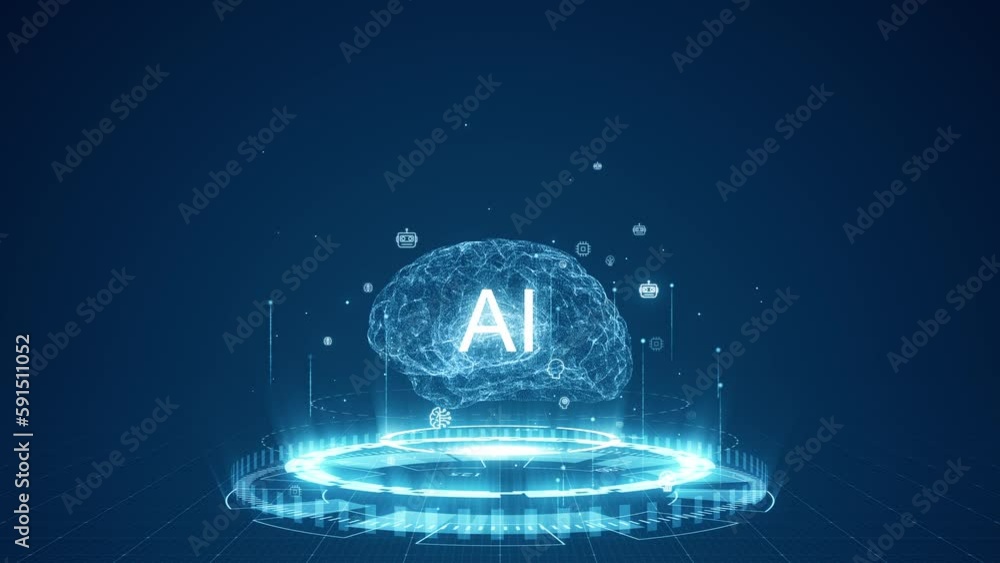 Poster motion graphic of blue digital brain logo and circle futuristic hud with ai chatbot and machine lear