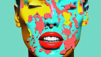 vibrant red lips pop art concept collage, woman face of a person with makeup, splash dripping paint, generative ai