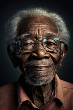 Generative AI illustration of positive gray haired bearded African American senior male in eyeglasses wearing orange t shirt looking at camera and smiling against black background