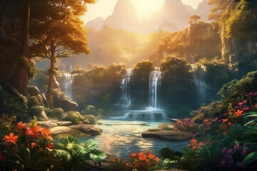 Fantasy landscape with waterfalls, flowers and tropical plants on foreground, at sunset. Generative AI