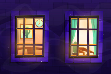 Scene looked through glass window and saw inside of house. Vector illustration in flat style
