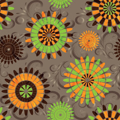 Vector seamless floral pattern with colorful circles and vintage curls