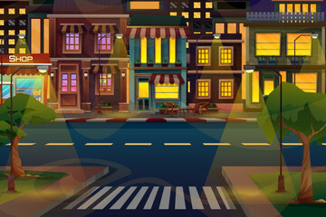 Scene of beautiful cityscape with hight building, shop and street with park, vector illustration