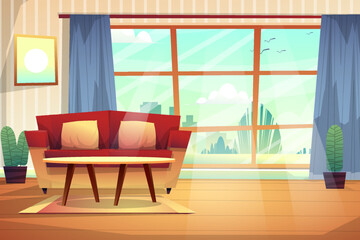 Scene interior decorated living room with red couch with cushions, curtain and glass window see through nature park outside,
