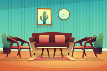 Scene interior decorated living room with red couch with cushions, armchair and coffee table on carpet, clock and picture frame on wooden wall in living room
