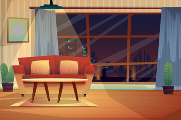 Night scene of sofa with cushions and coffee table on carpet under lighting from ceiling at home