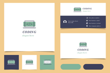 Coding logo design with editable slogan. Branding book and business card template.