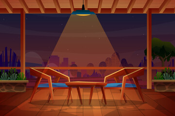 Night scene of chair and table on wooden floor under lighting from ceiling lamp,  nature park in background