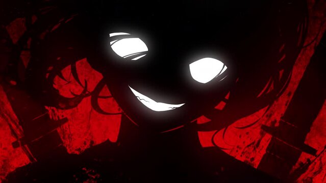 A sinister girl in the anime style smiles maliciously with fanged white teeth, her huge eyes glow in the dark, she has two katanas behind her back, on a blood background. approaching 2d animated art