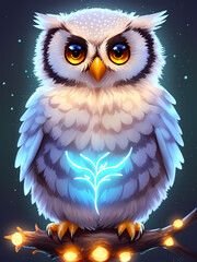 A cute adorable baby owl surrounded by glowing neon aura at night, Generative AI, Generativ KI, Illustration
