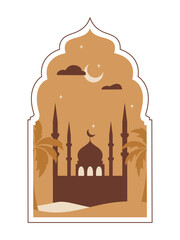 Oriental style Islamic window, arch with moon, mosque, palms and stars. Town in a desert. For islamic holiday. Ramadan traditions. Eid-al-Fitr greeting