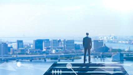 デジタルの世界でビジネスの頂点に登り詰めたエリート、キャリアアップのイメージ