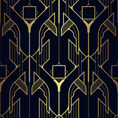 Abstract art deco seamless blue and golden pattern