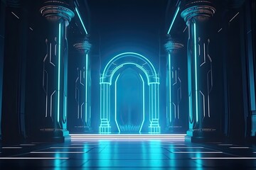 futuristic space stage with futuristic pillars and lights. Generative Ai