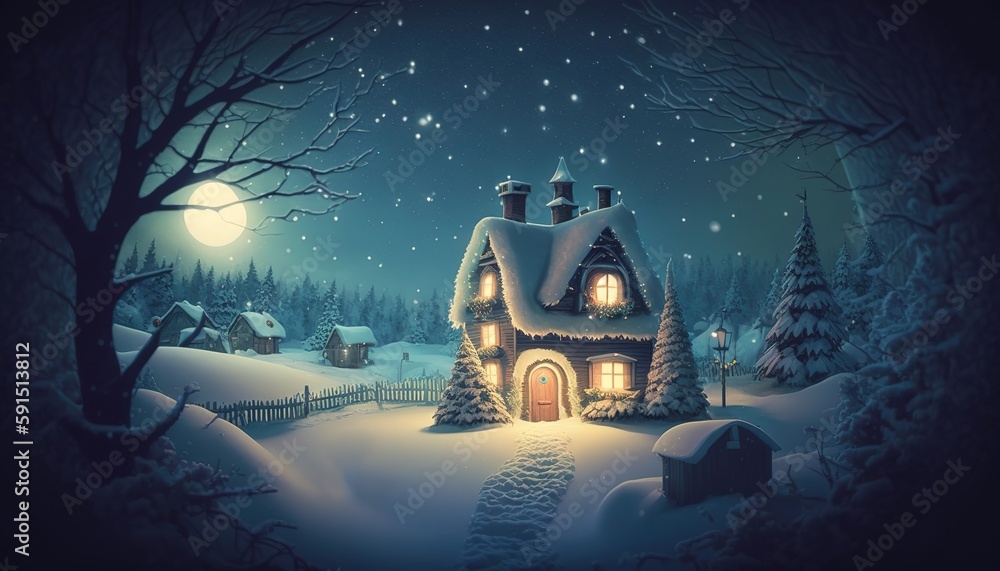 Poster illustration of a merry christmas event in a nighttime setting generative ai