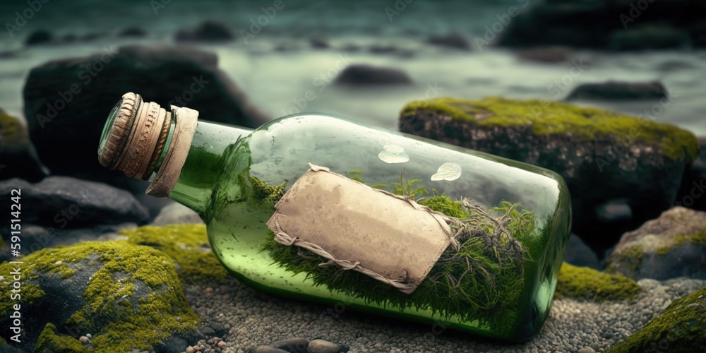 Poster green algae-covered rock with a bottle of distress signal generative ai