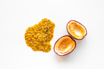 Juice of passion fruit isolated on white background
