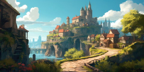 Fototapeta na wymiar Fantasy world cityscapes and castles, AI generated