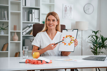 With picture of food and vitamins. Young female doctor in white coat is indoors