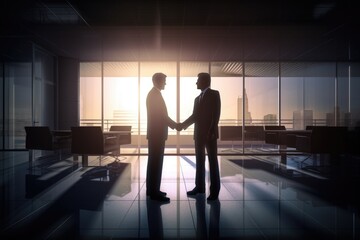 Two Business Men Wearing Suits Shaking Hands In Office in evening , silhouette, Negotiation, ai generated