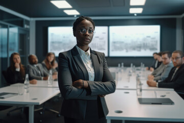 Fototapeta premium Portrait confident businesswoman at modern conference room, generative AI