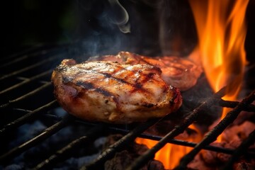 Deliciously Grilled Chicken Steak on Hot Smoky Grill, Generative AI