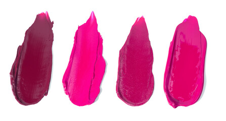 Pattern smears and textures of lipsticks or acrylic paints isolated on white background. Cream makeup texture. Bright pink color cosmetic product brush stroke swipe sample. Top view