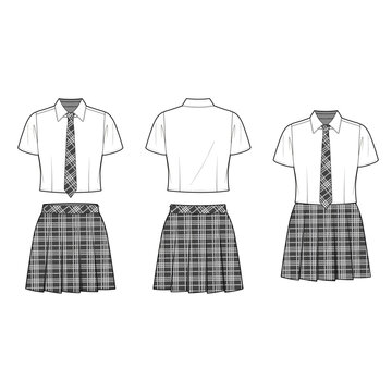 Technical flat sketch of girl's school uniform design template. White collar crop shirt with button-down and short sleeves. Mini pleated skirt and neck tie in plaid check. Mockup, Vector illustration.