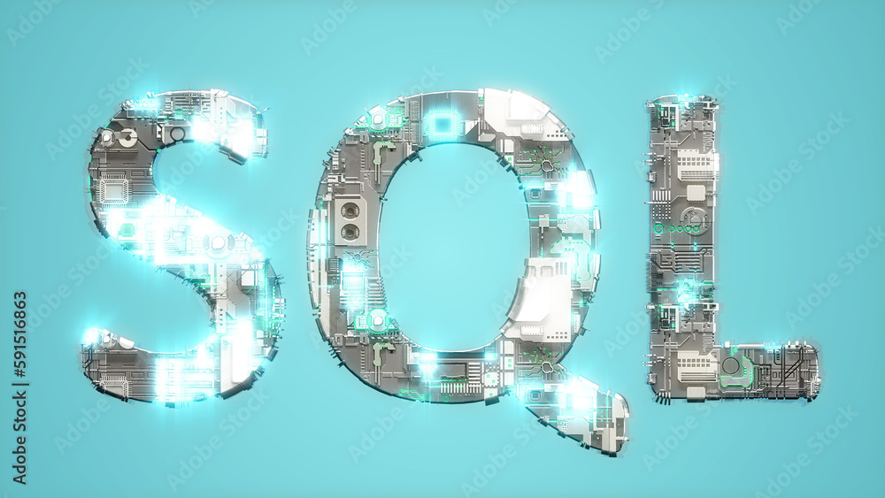 Poster modern shining cybernetical text sql on blue background - abstract 3d illustration